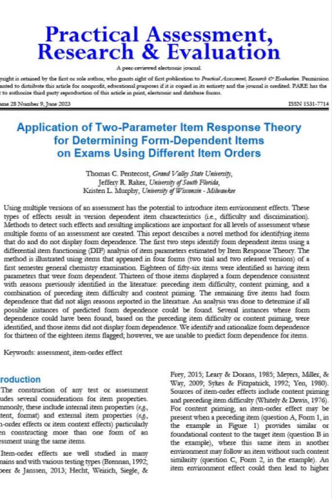Application of Two-Parameter Item Response Theory for Determining Form-Dependent Items on Exams Using Different Item Orders